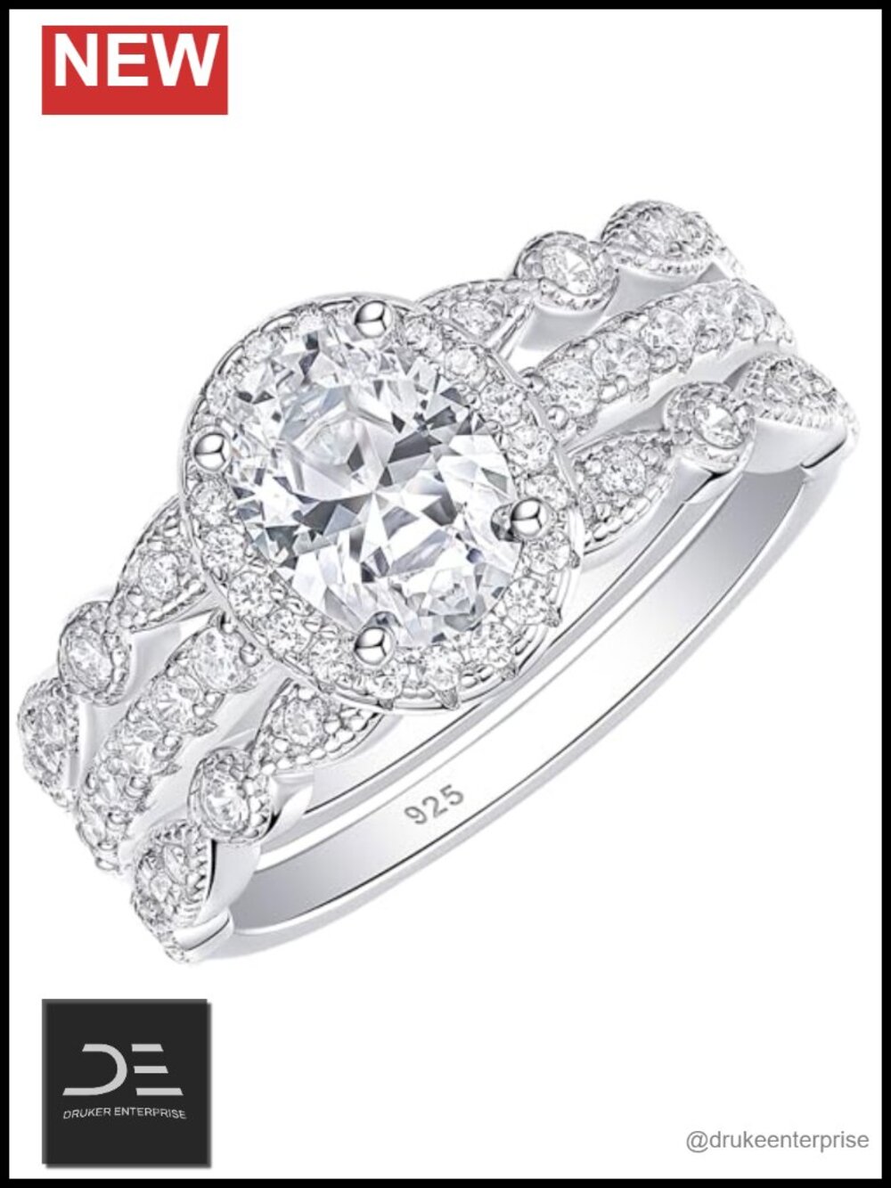 925 Sterling Silver Cubic Zirconia Bridal Ring Set 3pc Engagement Wedding Band